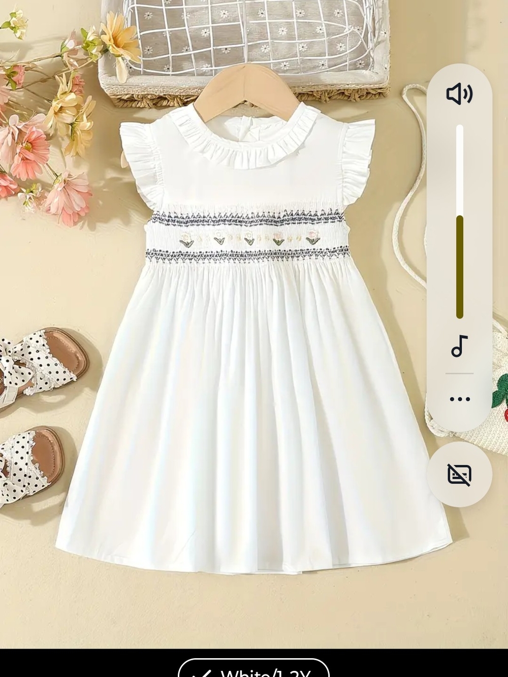 White Smocked Ruffle-Sleeve Toddler Dress
